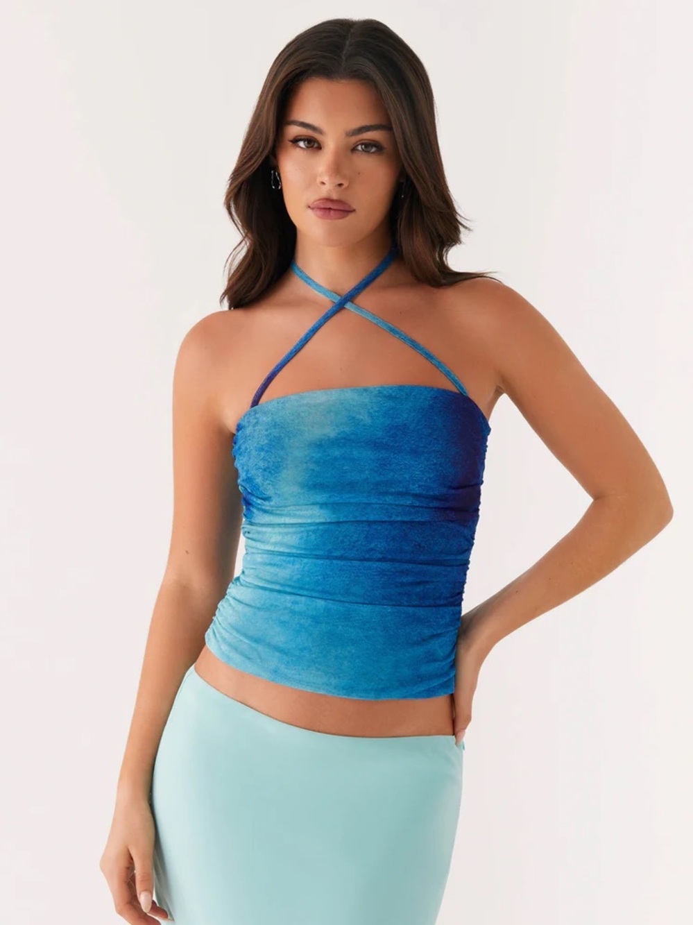 NWT REMEDY HALTER TOP TIE TYE DYE Peppermayo Blue Ombre Crossneck Cami STRAPLESS